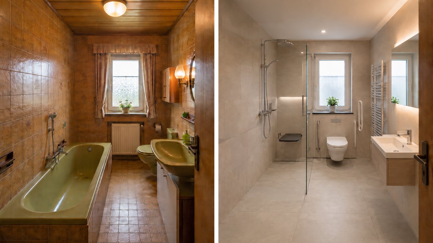 Barrierefreies Bad mit bodengleicher Dusche und Haltegriffen