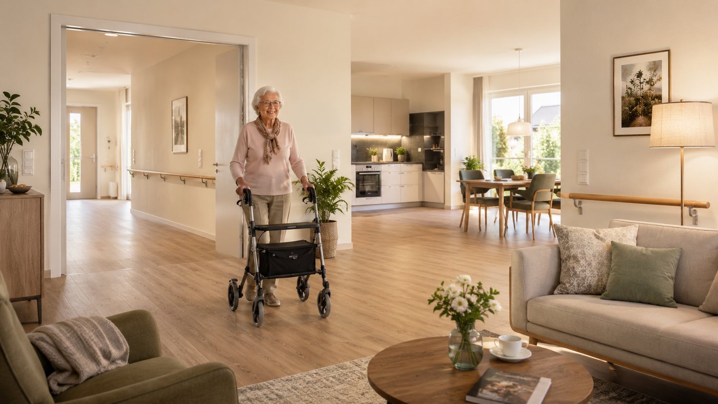 Seniorin mit Rollator in heller, barrierefreier Wohnung mit breiten Durchgängen